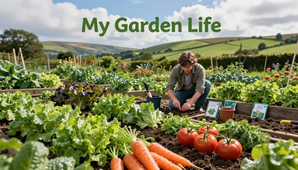 A beautiful vegetable garden in the UK, showcasing the seasonal planting of various vegetables. In the foreground, a diverse selection of vibrant vegetables like carrots, lettuces, and tomatoes are arranged in orderly rows, their leaves glistening with morning dew. In the middle ground, a gardener in modest casual clothing is kneeling while planting seeds, surrounded by gardening tools and seed packets labeled with their respective plants. The background features a scenic landscape of lush green hills under a bright blue sky with fluffy white clouds. The lighting is warm and inviting, suggesting a sunny day. Capture this serene gardening atmosphere, reflecting the joy of seasonal vegetable planting in connection with “My Garden Life.”