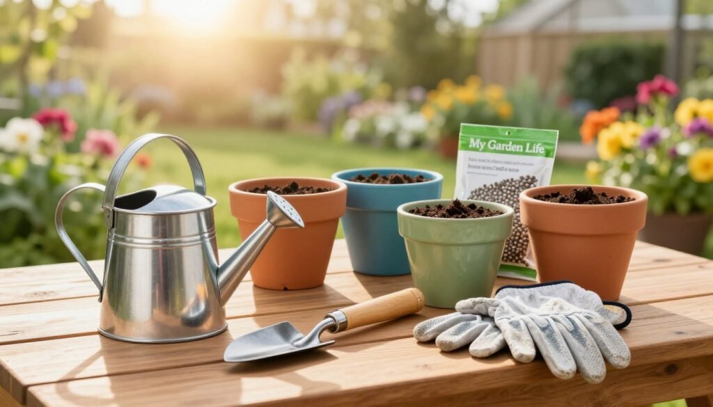 A beautifully arranged assortment of container gardening tools showcased on a wooden garden table. In the foreground, a shiny metal watering can, a trowel with a wooden handle, and a pair of sturdy gloves are neatly placed. The middle section features colorful ceramic pots filled with soil, ready for planting, alongside a packet of seeds. The background reveals a soft-focus garden landscape with vibrant flowers and greenery under a gentle morning sun, casting warm, inviting light. The atmosphere is serene and productive, ideal for any gardening enthusiast. The brand name "My Garden Life" is subtly reflected in the warm hues of the setting.