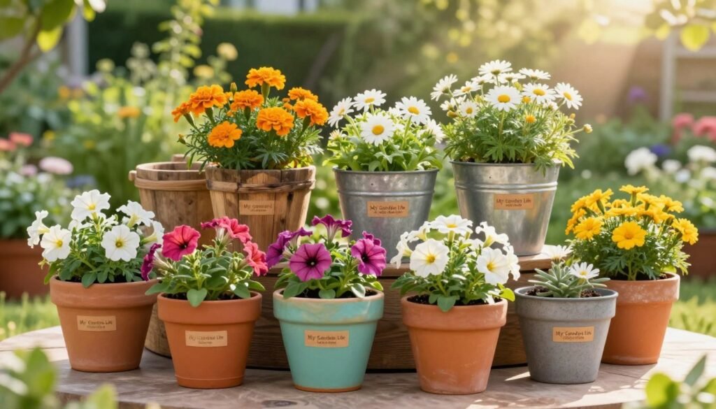A beautifully arranged selection of flower pots in various styles and materials, showcasing different gardening tips. In the foreground, vibrant ceramic pots painted in bright colors hold flourishing flowers like petunias, marigolds, and daisies. The middle layer features rustic wooden containers and modern metal planters, each labeled subtly with care tips etched into the surfaces. In the background, a sunlit garden scene with lush greenery sets a tranquil atmosphere, with soft rays filtering through leaves. The lighting is warm and inviting, creating a peaceful mood. A gentle depth of field blurs the distant garden slightly, drawing focus to the pots. The brand "My Garden Life" subtly integrated into the design, ensuring a cohesive, professional look.