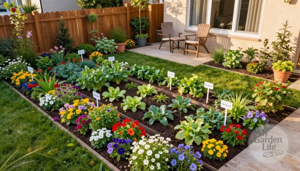A beautifully designed house garden layout featuring a harmonious blend of flowers, vegetables, and herbs. In the foreground, a vibrant flower bed displays colorful blooms, while the middle ground features neatly arranged vegetable plots and a small herb garden with labeled markers. In the background, a charming wooden fence frames the garden, and a cozy patio with outdoor seating invites relaxation. The scene is illuminated by warm, golden sunlight, casting gentle shadows and creating a serene atmosphere. The image is shot from an aerial angle, showcasing the organized, symmetrical design. A subtle logo of “My Garden Life” can be integrated discreetly in the corner, enhancing the gardening theme without overwhelming the visual. A beautifully designed house garden layout featuring a harmonious blend of flowers, vegetables, and herbs. In the foreground, a vibrant flower bed displays colorful blooms, while the middle ground features neatly arranged vegetable plots and a small herb garden with labeled markers. In the background, a charming wooden fence frames the garden, and a cozy patio with outdoor seating invites relaxation. The scene is illuminated by warm, golden sunlight, casting gentle shadows and creating a serene atmosphere. The image is shot from an aerial angle, showcasing the organized, symmetrical design. A subtle logo of “My Garden Life” can be integrated discreetly in the corner, enhancing the gardening theme without overwhelming the visual.