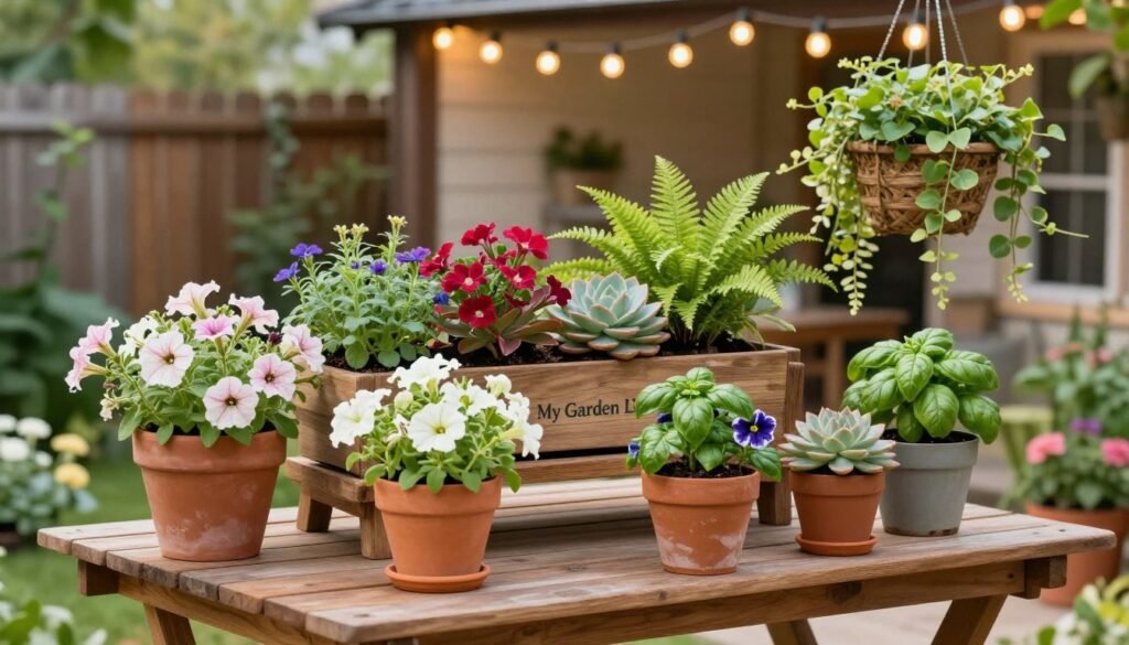 A charming and vibrant small space gardening scene showcasing various container plants, including colorful flowers, lush herbs, and leafy greens. In the foreground, there's a stylish wooden patio table with a few terracotta pots overflowing with blooming petunias and aromatic basil. The middle ground features a tiered plant stand with an array of vibrant succulents and ferns, along with a hanging basket filled with trailing vines. The background shows a cozy outdoor nook with fairy lights strung overhead, creating a warm, inviting atmosphere. Soft, natural lighting enhances the richness of the colors, while a shallow depth of field blurs the surrounding garden fence, drawing focus to the containers. The mood is serene and encouraging, ideal for inspiring budding gardeners. Include the brand name "My Garden Life" subtly integrated into the scene.