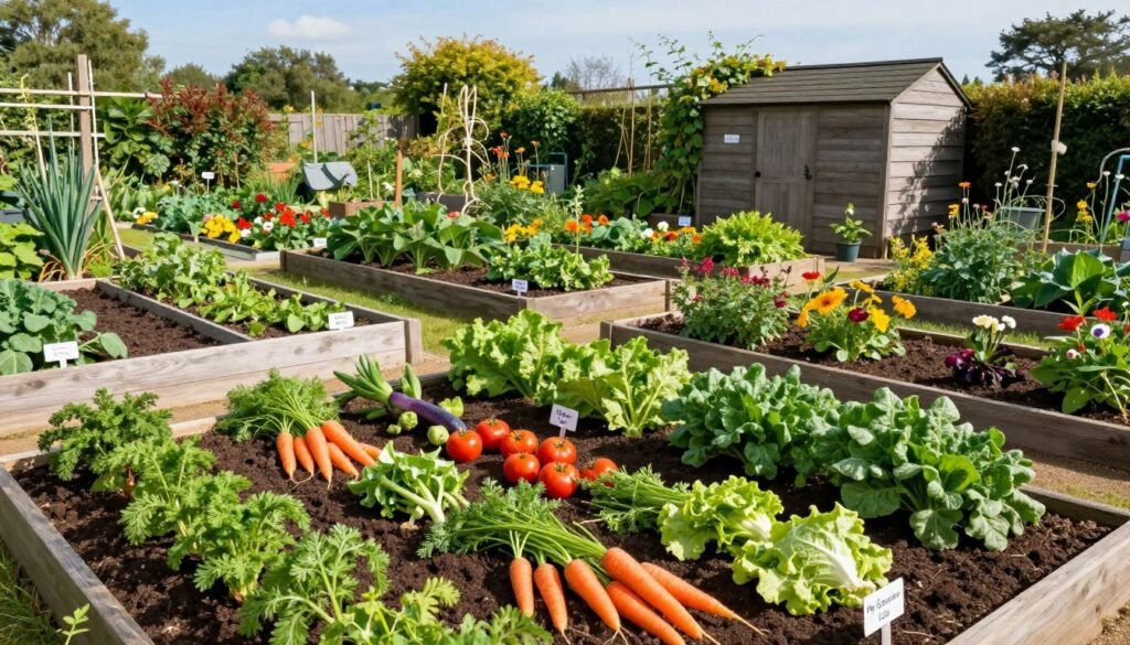 A detailed vegetable garden layout scene, showcasing a well-organized planting schedule for UK gardeners. In the foreground, a brightly colored assortment of vegetables, including carrots, tomatoes, and leafy greens, arranged in neat, labeled rows. The middle ground features raised garden beds with rich, dark soil, bordered by colorful flowers attracting pollinators. In the background, a traditional wooden shed partially covered in climbing plants, under a clear blue sky, with soft, natural lighting casting gentle shadows. The overall atmosphere is tranquil and inviting, with a sense of order and thriving vegetation. Include the brand name "My Garden Life" subtly integrated into the garden design, ensuring no text overlays or watermarks disrupt the scene.