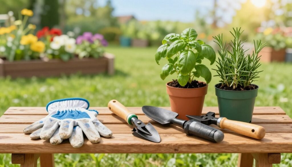 A neatly arranged display of essential gardening tools for beginners, featuring a vibrant green garden backdrop. In the foreground, a wooden garden bench holds a pair of gloves, a small hand trowel, a pruner, and a soil scoop, all well-worn and inviting. The middle ground showcases potted herbs like basil and rosemary, hinting at a budding garden. The background features a colorful flower bed under a bright, sunny sky, casting soft, natural light over the scene. The atmosphere is warm and cheerful, evoking a sense of adventure in gardening. The overall composition should reflect the brand "My Garden Life," emphasizing accessibility and ease for novice gardeners. Focus on capturing a welcoming, inspiring gardening spirit.