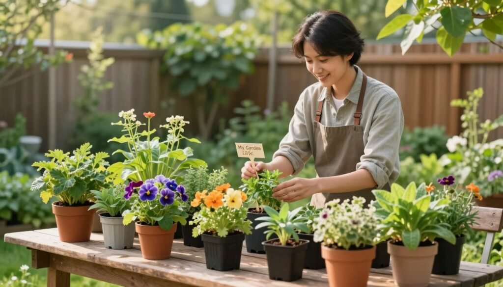 A peaceful garden setting featuring a beginner gardener thoughtfully selecting plants. In the foreground, a diverse array of vibrant potted plants, including colorful flowers, leafy greens, and herbs, is arranged on a rustic wooden table. The middle ground shows the gardener, a casually dressed individual in comfortable attire, carefully examining a plant label, with a smile of satisfaction. In the background, a sun-drenched garden with lush greenery and a wooden fence enhances the tranquil ambiance. Soft, diffused natural lighting casts gentle shadows, creating a warm and inviting atmosphere, perfect for beginners. Emphasize the theme of exploration and connection with nature in this serene setting, embodying the spirit of "My Garden Life."