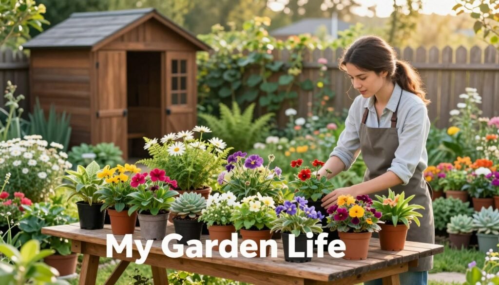 A serene garden scene depicting a beginner gardener selecting plants under the warm glow of soft afternoon sunlight. In the foreground, a young woman in smart casual attire examines vibrant potted plants arranged on a sturdy wooden table, showcasing a variety of colorful flowers, leafy greens, and ornamental plants. The middle layer features a lush garden filled with diverse flora, including daisies, ferns, and succulents, creating a rich tapestry of colors. In the background, a quaint garden shed made of rustic wood and a picket fence lined with climbing vines set a peaceful atmosphere. The overall mood is inviting and encouraging, perfect for beginners exploring the joys of gardening. The image embodies the essence of "My Garden Life".