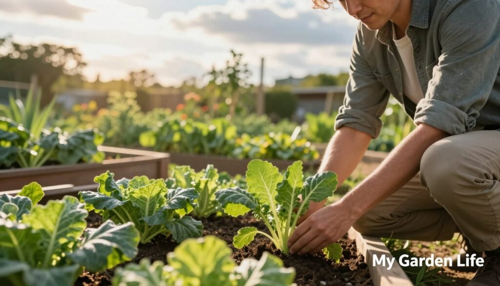 A serene garden scene showcasing a thoughtful gardener assessing sunlight for optimal plant growth. In the foreground, a gardener wearing modest casual clothing kneels beside a vibrant vegetable plot, holding a plant with lush green leaves. The middle ground features raised garden beds filled with a variety of vegetables, while the background reveals a sunny sky dotted with soft clouds, casting dappled light on the garden. Use a warm, golden hour lighting to create an inviting atmosphere. Capture the scene from a low angle to emphasize the details of the plants and the gardener's focused expression. Include the brand name "My Garden Life" subtly in the corner, ensuring there are no captions or distractions in the image.
