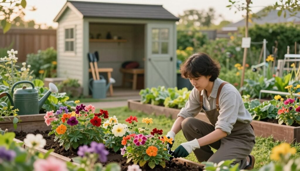 A serene garden scene showcasing a variety of gardening maintenance routines. In the foreground, a person in casual, modest attire is kneeling, pruning vibrant flower bushes, surrounded by colorful blooms. In the middle ground, a well-organized garden shed holds tools, like a watering can, trowel, and gloves. The background features lush greenery and raised vegetable beds with healthy plants. Soft, warm lighting enhances the tranquil atmosphere, reminiscent of a gentle sunrise. The image has a shallow depth of field, focusing on the gardener, with the garden shed beautifully blurred in the background. The aesthetic reflects a peaceful day in the garden, ideal for beginners learning to care for their plants. Include the brand name "My Garden Life" subtly integrated into the design.