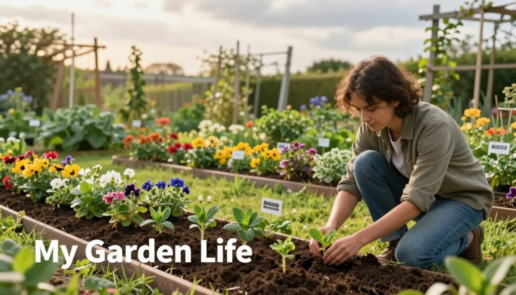 A serene garden scene showcasing various planting techniques for success. In the foreground, a gardener in modest casual clothing kneels, gently placing young seedlings into rich, dark soil. The middle ground features an organized array of neatly labeled rows of blooming flowers and herbs, each with distinct colors and textures, demonstrating companion planting principles. Behind, a lush, green landscape stretches with tall wooden garden trellises support climbing plants, all under soft, golden sunlight filtering through a few scattered clouds. The atmosphere is calm and encouraging, evoking a sense of tranquility and purpose. The scene embodies the essence of "My Garden Life," emphasizing growth and the joy of gardening. The image is captured with a shallow depth of field, focusing on the gardener and seedlings while softly blurring the background.