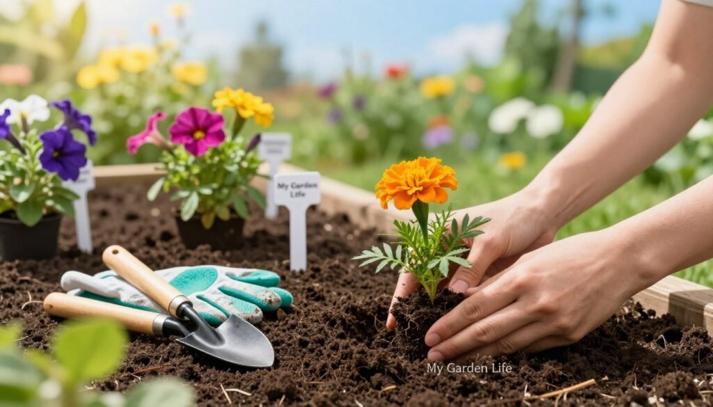 A serene garden setting depicting beginner-friendly flower gardening techniques. In the foreground, a pair of hands gently planting vibrant marigold and petunia seedlings in rich, dark soil, showcasing the planting process. The middle features a tilled garden bed with labeled plant markers, small gardening tools like a trowel and gloves nearby, conveying a sense of preparation and care. In the background, a lush green backdrop of blooming flowers and a clear blue sky. Soft, natural sunlight filters through, creating a warm, inviting atmosphere. The scene conveys motivation and joy in gardening, with the brand name "My Garden Life" subtly integrated into the soil or tools. The image captures an inspiring moment for novice gardeners, focusing on simplicity and enjoyment. A serene garden setting depicting beginner-friendly flower gardening techniques. In the foreground, a pair of hands gently planting vibrant marigold and petunia seedlings in rich, dark soil, showcasing the planting process. The middle features a tilled garden bed with labeled plant markers, small gardening tools like a trowel and gloves nearby, conveying a sense of preparation and care. In the background, a lush green backdrop of blooming flowers and a clear blue sky. Soft, natural sunlight filters through, creating a warm, inviting atmosphere. The scene conveys motivation and joy in gardening, with the brand name "My Garden Life" subtly integrated into the soil or tools. The image captures an inspiring moment for novice gardeners, focusing on simplicity and enjoyment.