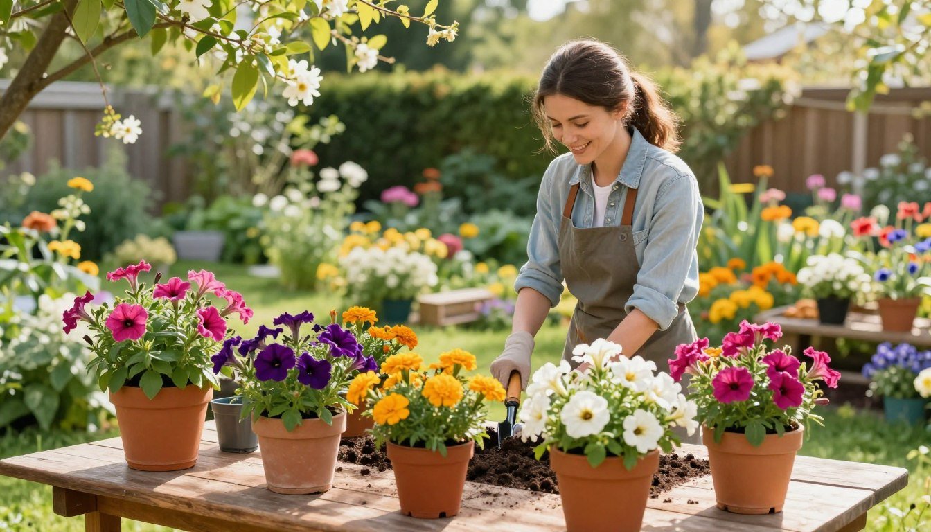 A serene garden setting featuring essential flower gardening tips for beginners. In the foreground, colorful flower pots filled with vibrant blooms like petunias and marigolds are neatly arranged on a wooden table. In the middle ground, a cheerful gardener, dressed in casual attire, is gently tending to a flower bed, using basic gardening tools. In the background, a lush garden with a variety of flowering plants creates a peaceful atmosphere, with soft sunlight filtering through lightly swaying branches. The scene is captured with a wide-angle lens, enhancing the inviting feel of the garden. The mood is warm and encouraging, reflecting a sense of harmony and connection with nature, promoting the brand "My Garden Life."