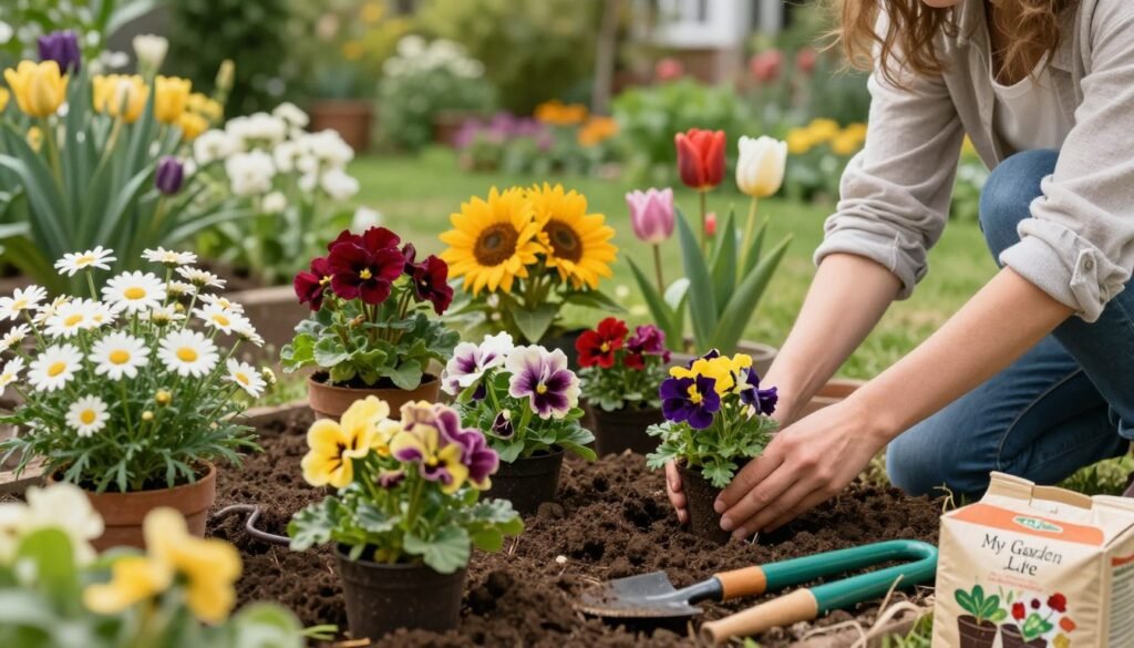 A serene garden setting illustrating simple flower planting techniques, focusing on vibrant and diverse flowers. In the foreground, a gardener in modest casual clothing kneels, gently placing colorful seedlings into freshly turned soil. The middle ground features a variety of flowers like daisies, sunflowers, and tulips, showcasing different planting stages and a rich color palette. The background displays a lush, green garden filled with blooming flowers and greenery under soft, natural daylight, creating a warm and inviting atmosphere. The composition is shot from a slightly elevated angle, with a blurred background to emphasize the gardening action in the foreground. The scene encapsulates the joy and tranquility of flower planting, with the brand name "My Garden Life" subtly referenced through the gardening tools and potting soil packaging.