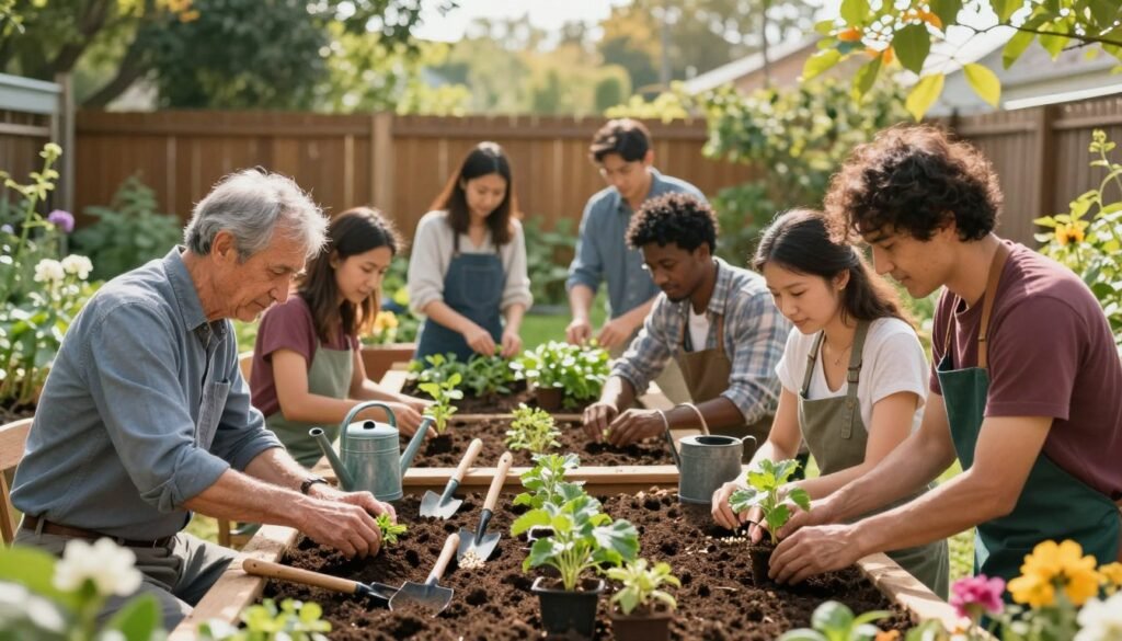 A serene garden setting showcasing planting techniques for beginner gardeners. In the foreground, a diverse group of modestly dressed men and women, engaged in planting small seedlings and seeds into rich, dark soil. In the middle ground, various planting tools, like trowels and watering cans, are arranged neatly on a wooden gardening table. Lush green plants and blooming flowers surround the scene, adding color and vibrancy. In the background, a wooden fence and sun-dappled trees provide a peaceful atmosphere, illuminated by soft, warm sunlight. The composition captures a sense of community and success, reflecting My Garden Life's commitment to gardening education and fostering growth in beginners.