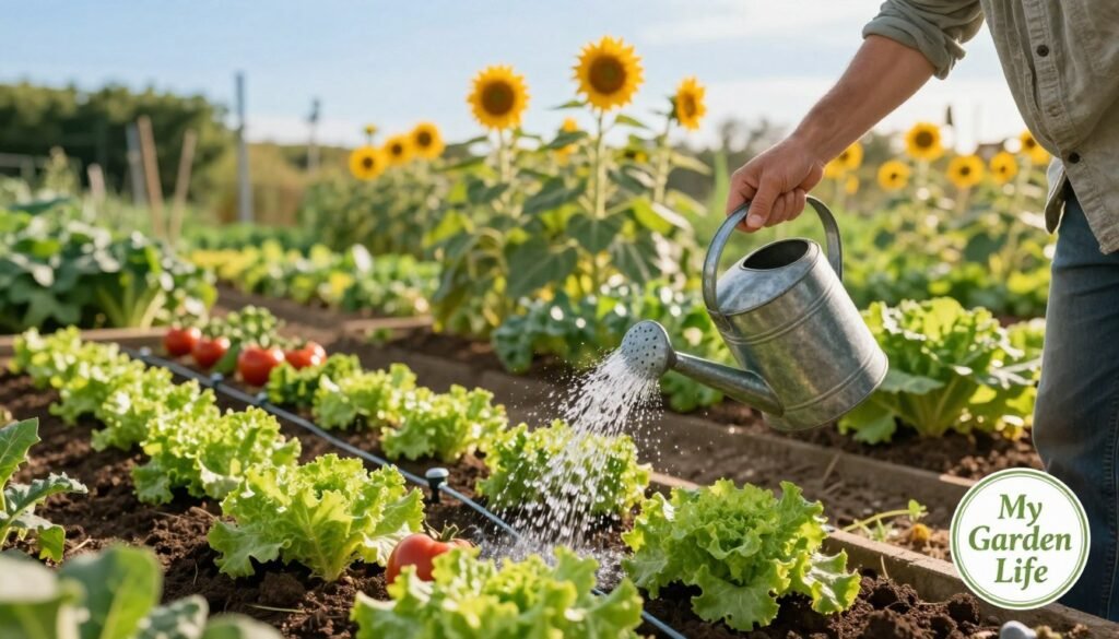 A serene vegetable garden scene, showcasing various watering techniques for optimal plant growth. In the foreground, a gardener in modest casual clothing gently pours water from a traditional metal watering can over vibrant green lettuce and tomatoes, emphasizing the caring touch. The middle ground features rows of well-maintained vegetables, each thriving in rich, dark soil, with a drip irrigation system subtly integrated. In the background, lush greenery and tall sunflowers reach towards a clear blue sky, providing an uplifting atmosphere. The lighting is warm and golden, suggesting late afternoon sunshine bathing the garden in a cheerful glow. Capture this peaceful, nurturing feeling for beginners in vegetable gardening, with a small, tasteful logo of "My Garden Life" subtly positioned in the corner. A serene vegetable garden scene, showcasing various watering techniques for optimal plant growth. In the foreground, a gardener in modest casual clothing gently pours water from a traditional metal watering can over vibrant green lettuce and tomatoes, emphasizing the caring touch. The middle ground features rows of well-maintained vegetables, each thriving in rich, dark soil, with a drip irrigation system subtly integrated. In the background, lush greenery and tall sunflowers reach towards a clear blue sky, providing an uplifting atmosphere. The lighting is warm and golden, suggesting late afternoon sunshine bathing the garden in a cheerful glow. Capture this peaceful, nurturing feeling for beginners in vegetable gardening, with a small, tasteful logo of "My Garden Life" subtly positioned in the corner.