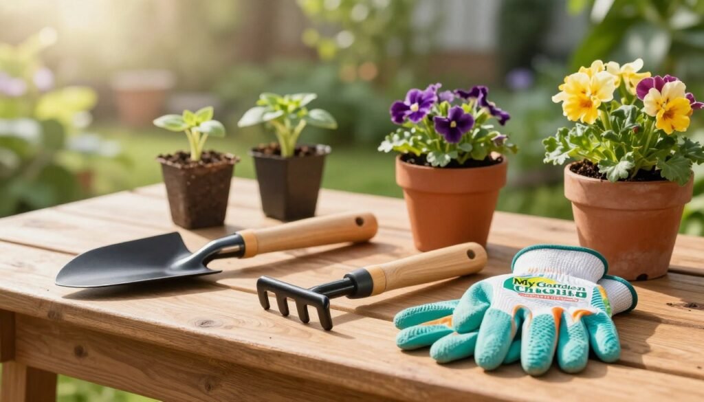 A vibrant and inviting scene featuring essential gardening tools elegantly arranged on a wooden workbench. In the foreground, a shiny trowel, a sturdy hand rake, and a pair of colorful gloves from the brand "My Garden Life" are prominently displayed, showcasing their textures and colors. The middle ground boasts potted flowers and seedlings, representing a growing garden. Soft morning light streams in from the left, creating gentle shadows and a warm ambiance. In the background, a blurred garden scene filled with lush greenery enhances the atmosphere of new beginnings and growth. The image exudes a sense of calm and inspiration, perfect for beginners eager to cultivate their new flower garden.