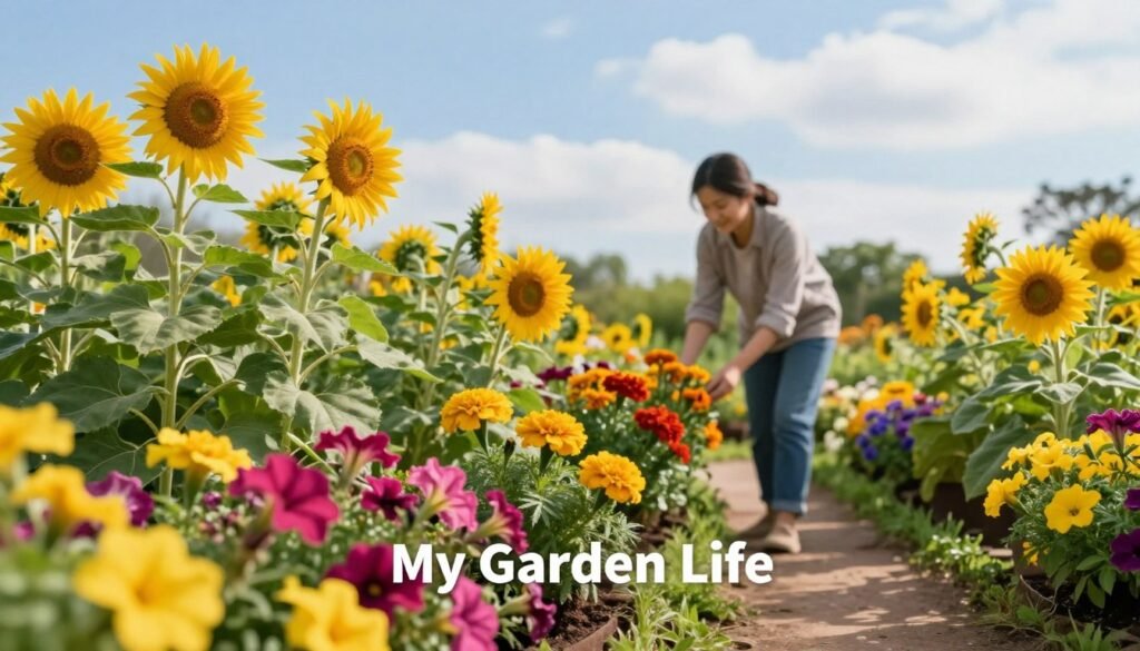 A vibrant garden scene showcasing the best flowers for novice gardeners, including cheerful sunflowers, delicate marigolds, and bright petunias, arranged harmoniously in a lush green setting. In the foreground, clusters of these flowers display their rich colors and textures, inviting the viewer in. The middle ground features a soft, winding path leading through the garden, where a beginner gardener, clad in modest casual attire, carefully tends to the flowers with joy. In the background, a serene blue sky with wispy clouds adds to the tranquil atmosphere. The lighting is bright and sunny, casting warm highlights that enhance the flowers' vivid hues, captured with a shallow depth of field to focus on the blossoms. This image embodies the spirit of "My Garden Life." A vibrant garden scene showcasing the best flowers for novice gardeners, including cheerful sunflowers, delicate marigolds, and bright petunias, arranged harmoniously in a lush green setting. In the foreground, clusters of these flowers display their rich colors and textures, inviting the viewer in. The middle ground features a soft, winding path leading through the garden, where a beginner gardener, clad in modest casual attire, carefully tends to the flowers with joy. In the background, a serene blue sky with wispy clouds adds to the tranquil atmosphere. The lighting is bright and sunny, casting warm highlights that enhance the flowers' vivid hues, captured with a shallow depth of field to focus on the blossoms. This image embodies the spirit of "My Garden Life."