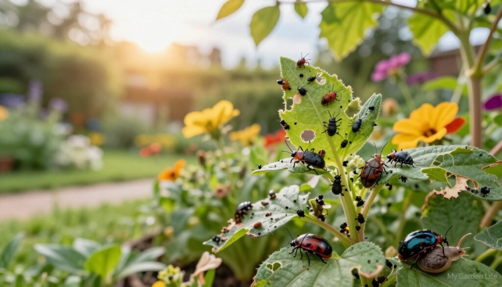 A vibrant garden scene teeming with various garden pests, positioned prominently in the foreground, including aphids, beetles, and snails. In the middle ground, lush green plants and colorful flowers are visibly damaged by these pests, showcasing signs of nibbling and discoloration. The background features a soft-focus view of a well-tended garden, with a sunny sky filtering golden light through leafy branches, establishing a warm, inviting atmosphere. The image captures a close-up perspective with a shallow depth of field that highlights the pests' details, such as their textures and colors. A subtle lens flare enhances the lively, active mood of the scene. The branding "My Garden Life" should be subtly integrated into the overall composition, ensuring a natural fit with the garden aesthetic without distractions.