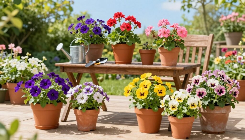A vibrant, sunlit patio scene showcasing an assortment of ideal potted flowers for UK gardeners, arranged harmoniously. In the foreground, colorful pots feature blooming petunias, geraniums, and pansies, their rich hues of purple, pink, and yellow creating a lively display. In the middle ground, a wooden table holds gardening tools and a small watering can, enhancing the gardening theme. The background reveals a lush garden, with bright green foliage and a clear blue sky, bathing the scene in warm, natural light. Shot from a slightly elevated angle, capturing both the details of the flowers and the inviting atmosphere. The overall mood is cheerful and inspiring, showcasing "My Garden Life" commitment to beautiful and manageable gardening.