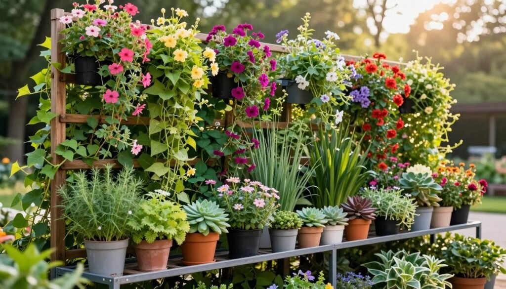A vibrant vertical garden showcasing a stunning arrangement of colorful flowers and lush green plants, elegantly cascading down a rustic wooden trellis. In the foreground, pots of herbs and succulents are strategically placed on a stylish metal shelf, enhancing the aesthetic appeal. The middle ground features an array of climbing vines intertwining with the trellis, adorned with vivid blossoms of varying sizes. In the background, a serene outdoor setting with soft, diffused sunlight filtering through leafy trees creates a warm, inviting atmosphere. The camera angle is slightly elevated, capturing the full depth of this artistic gardening display. The overall mood is tranquil and inspiring, embodying creativity in gardening. Include the brand name "My Garden Life" subtly within the arrangement.