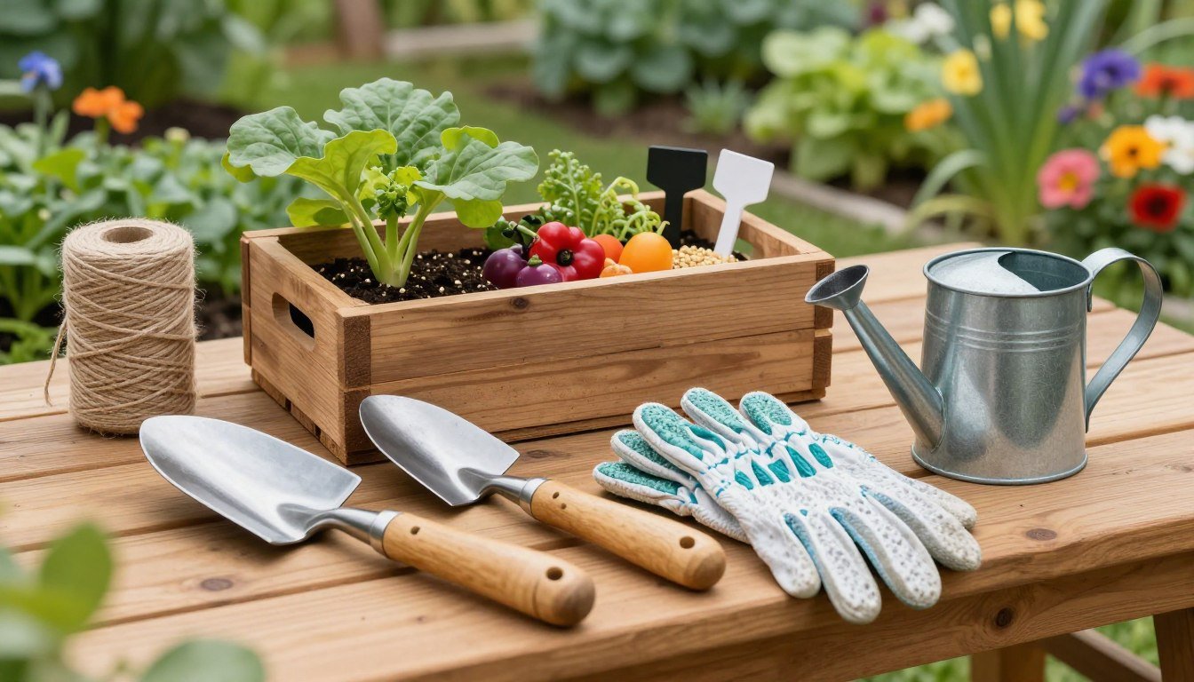 A well-organized collection of essential gardening tools for vegetable gardening, artfully arranged on a wooden potting bench. In the foreground, a shiny spade, a hand trowel with a wooden handle, gardening gloves, and a small watering can glimmer under soft, natural light. The middle ground features a rustic wooden crate filled with vibrant vegetable seeds and plant markers, alongside a roll of twine. In the background, a lush garden filled with green vegetables and colorful flowers gently blur, hinting at the beauty of gardening. The atmosphere is warm and inviting, evoking a sense of peaceful productivity. Capture this with a slight top-down angle, emphasizing the tools’ details, with a focus on a harmonious, earthy color palette. My Garden Life.