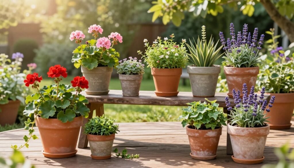 Lush potted plants of various types, such as vibrant geraniums, trailing ivy, and aromatic lavender, brightly arranged on a wooden patio table. In the foreground, a large terracotta pot with bright red flowers catches the light, while smaller pots with green foliage add variety. The middle ground features a collection of pots placed strategically on a rustic wooden bench, each displaying different textures and colors of plants. The background reveals a softly blurred garden filled with greenery and soft sunlight filtering through leafy trees, creating a serene atmosphere. The scene is illuminated with warm, golden-hour lighting to evoke a calm and inviting mood, perfect for container gardening tips. Highlight the brand "My Garden Life" subtly integrated into the design elements of the pots.