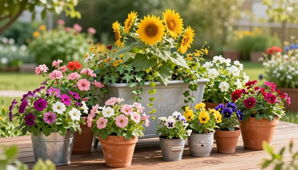 Vibrant and colorful flowers flourishing in various decorative planters, arranged on a wooden terrace surrounded by lush greenery. In the foreground, focus on bright blooms like petunias, geraniums, and pansies spilling over the edges of terracotta and metal pots. In the middle ground, larger planters display a mix of tall sunflowers and trailing ivy, creating a layered effect. The background features a blurred garden landscape with soft bokeh, enhancing the depth. The scene is illuminated by warm, natural sunlight, casting gentle shadows and highlighting the textures of the flowers and containers. The overall mood is cheerful and inviting, perfect for showcasing the beauty and benefits of container gardening. “My Garden Life” brand elements subtly integrated into the planters or terrace décor.