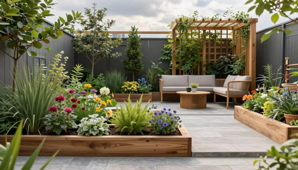 A contemporary small garden design that embodies modern aesthetics, featuring a harmonious blend of greenery and structure. In the foreground, a neatly arranged assortment of vibrant flowers and low-maintenance perennials in raised wooden beds. The middle ground showcases a minimalist stone pathway that leads to a cozy seating area with stylish garden furniture made of sustainable materials. In the background, a sleek wooden trellis adorned with climbing plants adds vertical interest, framed by soft, diffused sunlight filtering through scattered clouds. The color palette includes fresh greens, splashes of colorful flowers, and earthy tones that create a tranquil yet sophisticated atmosphere. Ideal for illustrating the principles of modern small garden design by My Garden Life.