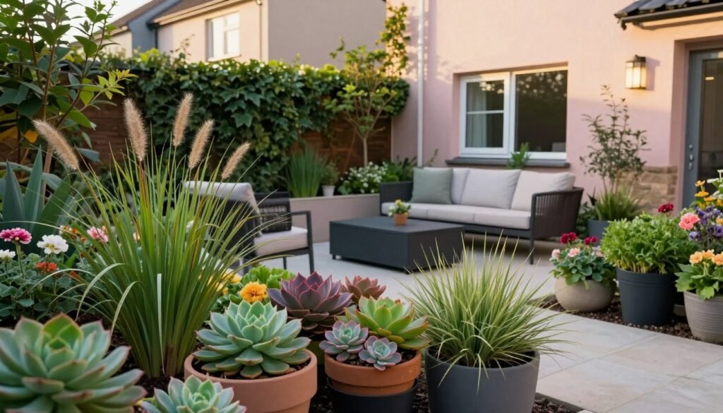 A serene and modern small garden in the UK, featuring a variety of contemporary plants suitable for tight spaces. In the foreground, vibrant succulents and ornamental grasses in stylish pots add a pop of color, while small flowering perennials introduce delicate blooms. The middle ground showcases a cleverly designed seating area with sleek outdoor furniture surrounded by lush greenery, inviting relaxation. In the background, gentle pastel walls of a cozy house harmonize with climbing ivy. Soft, golden hour lighting casts a warm glow, enhancing the rich colors of the plants. The perspective is slightly elevated, capturing the layout of this intimate garden space. The mood is tranquil and inviting, epitomizing a modern oasis. My Garden Life.