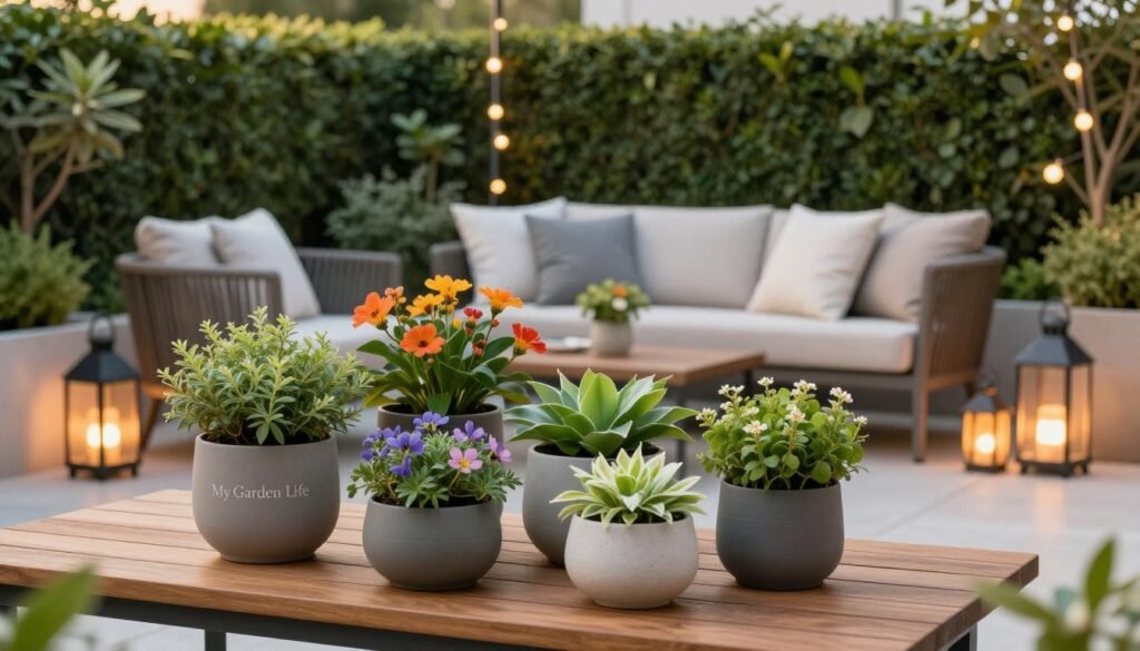 A stylish small garden decor scene featuring an inviting atmosphere. In the foreground, a collection of modern plant pots with vibrant flowers and lush greenery, arranged artfully on a sleek wooden table. The middle ground showcases a cozy seating area with elegant, weather-resistant furniture and soft cushions, surrounded by decorative lanterns casting a warm glow. In the background, a neatly trimmed hedge provides a lush green backdrop, with a few decorative garden stakes and fairy lights adding a touch of whimsy. The lighting is soft and warm, reminiscent of late afternoon sunlight, creating a tranquil and welcoming mood. The scene embodies the essence of modern gardening, branded with "My Garden Life" subtly integrated into the decor elements without any text overlay.